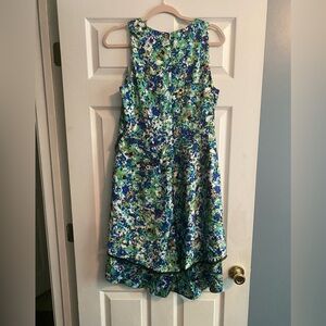 Ann Taylor Floral BLue Green High Low Sleeveless Tiered MIDI Dress Women’s Sz 10